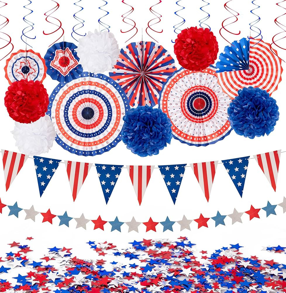 29PCS 4th/Fourth of July Patriotic Decorations Set - Red White Blue Paper Fans,USA Flag Pennant,S... | Amazon (US)
