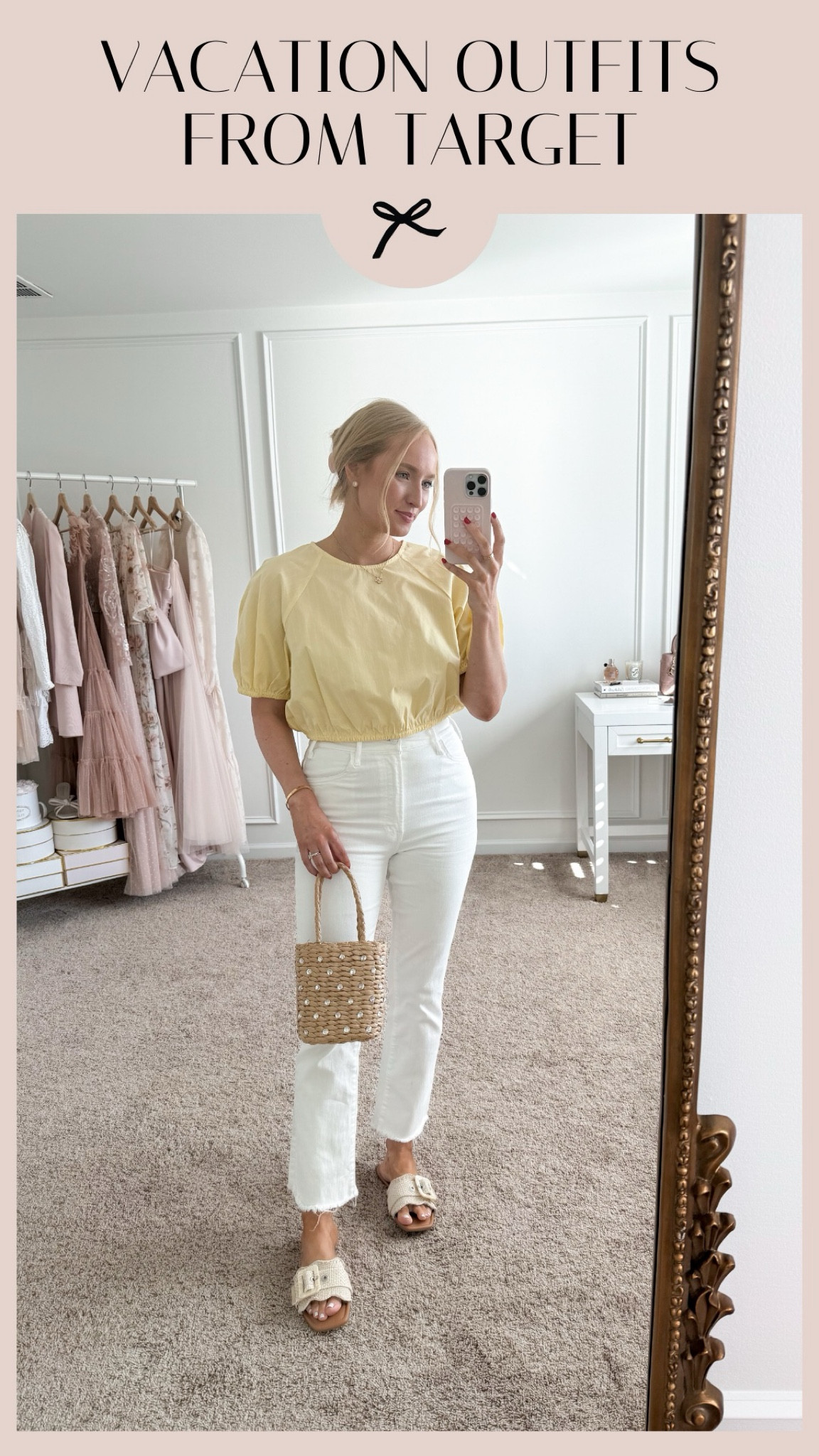 Vacation Outfits from Target! I love the color of this puff sleeve top. I paired it with my favorite MOTHER jeans, sandals and a cute bucket bag from Target  

#LTKstyletip #LTKshoecrush #LTKSeasonal