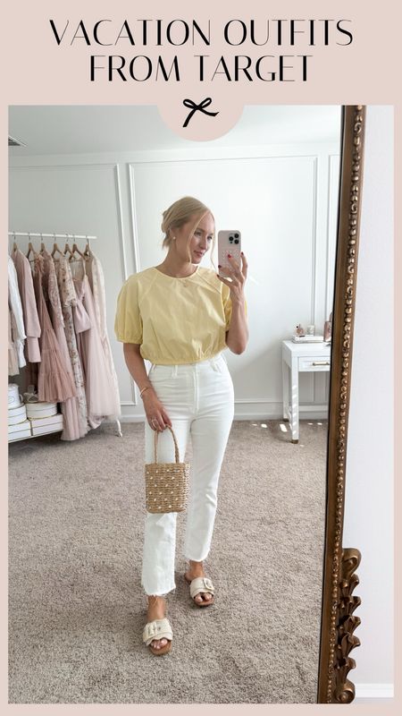 Vacation Outfits from Target! I love the color of this puff sleeve top. I paired it with my favorite MOTHER jeans, sandals and a cute bucket bag from Target  

#LTKstyletip #LTKshoecrush #LTKSeasonal