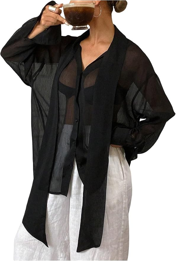 GORGLITTER Women's Chiffon Long Sleeve Blouses Dressy Casual See Through Button Down Bow Tie Neck... | Amazon (US)