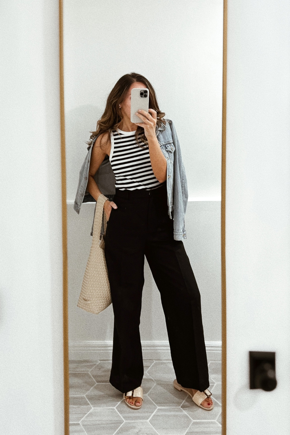 These raffia slides are sooo good! Strap is adjustable if you have narrow or wide feet. 
Tank in small 
Levi’s jacket in small 
Linen pants old / linked similar options  

#LTKstyletip #LTKsalealert #LTKshoecrush