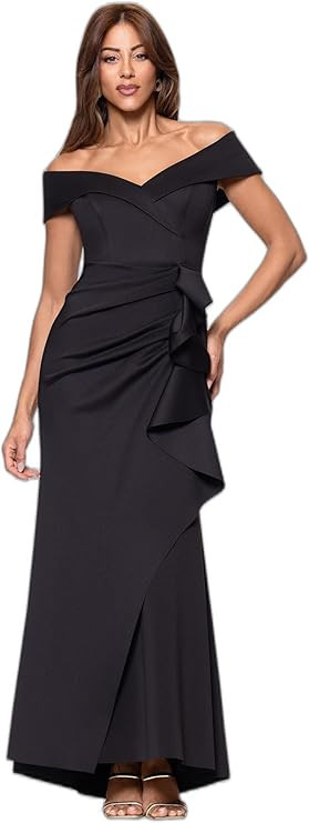Xscape Women's Long Off Shoulder Sweetheart Neck Side Ruffle Gown (Reg and Petite) | Amazon (US)