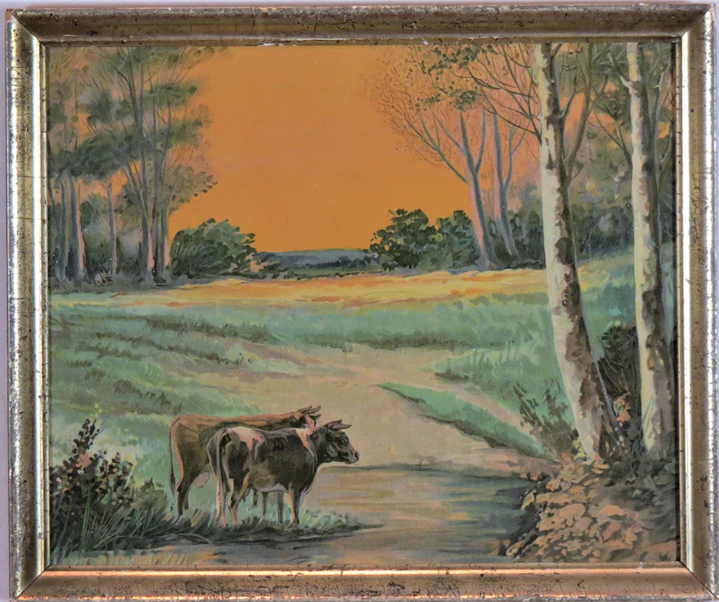 Vintage color lithograph depicting a pair of cows at a pond. | Etsy (US)