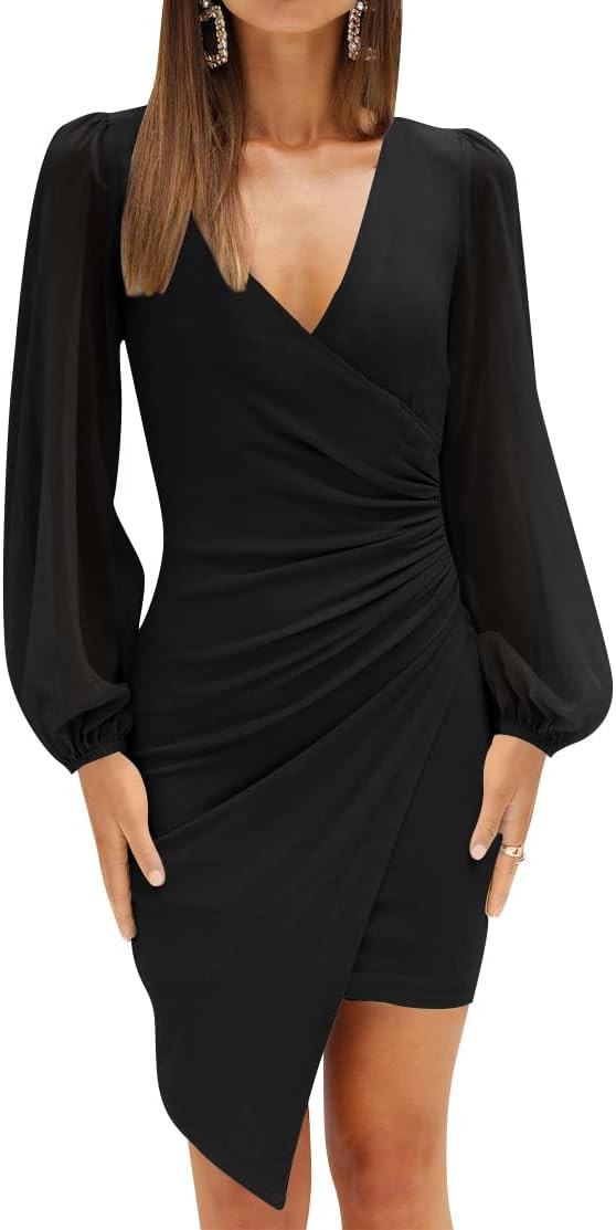 ZESICA Women's Wrap V Neck Bodycon Mini Dress Puff Long Sleeve Ruched Asymmetrical Hem Cocktail P... | Amazon (US)