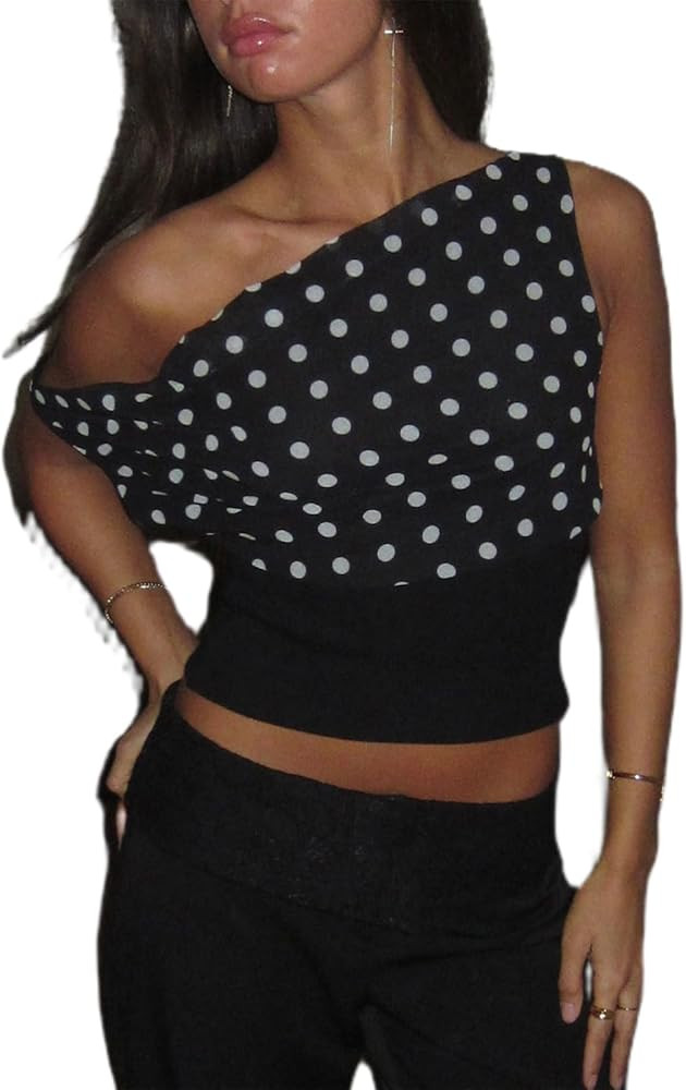 Women Y2k Off Shoulder Tops Sleeveless Tie Back Polka Dot Floral Print Slim Fit Going Out Tank Cr... | Amazon (US)