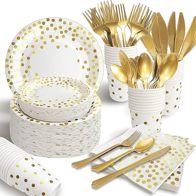 350PCS White and Gold Party Supplies, Severs 50 Disposable Party Dinnerware, Gold Plastic Forks K... | Amazon (US)