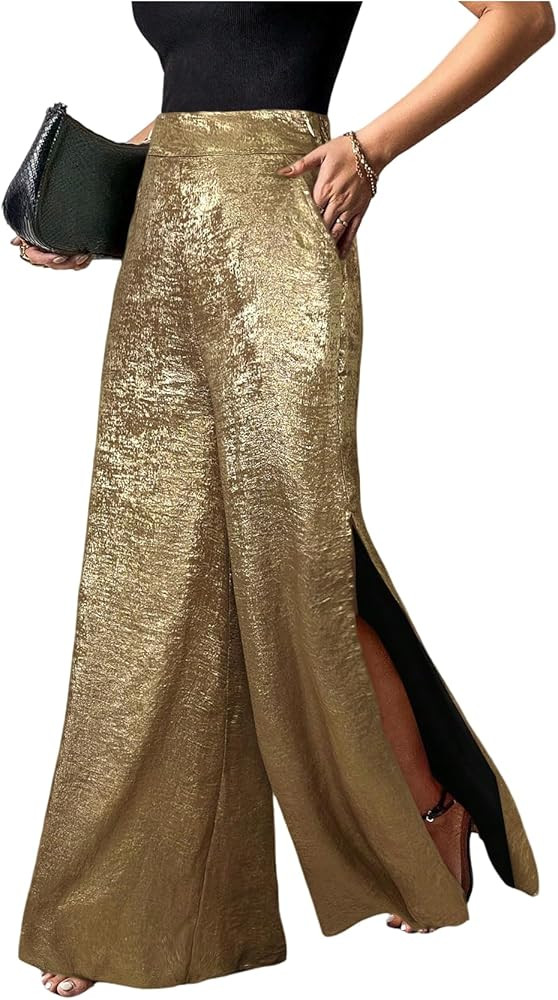 MakeMeChic Women's Metallic Split Side Hem Long Pants High Waist Wide Leg Loose Trousers with Poc... | Amazon (US)