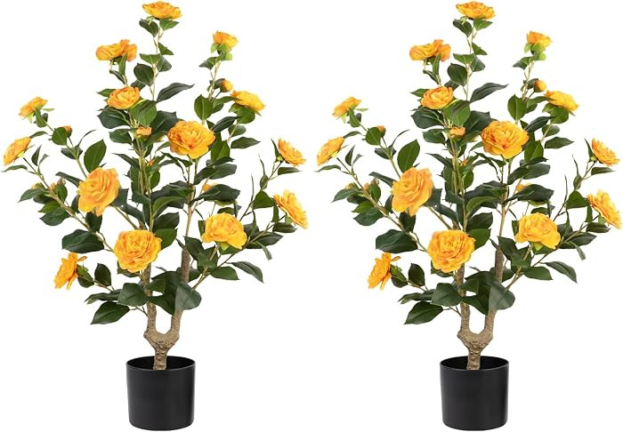 Artificial Camellia Tree 2 Pack - Realistic Camellia Plants in Pot with Orange Flowers, Lifelike ... | Amazon (US)