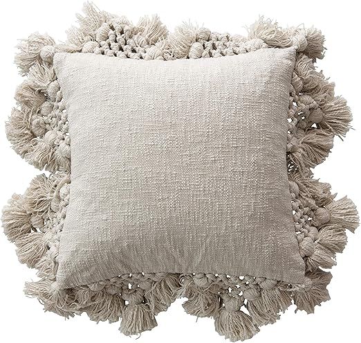 Creative Co-Op Cotton Slub Pillow with Crochet and Tassels, Cream | Amazon (US)