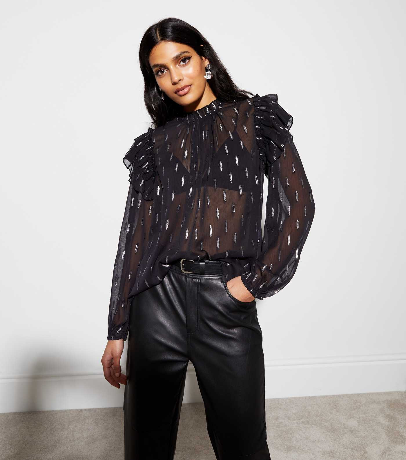 Black Metallic Spot Sheer Frill Blouse | New Look | New Look (UK)