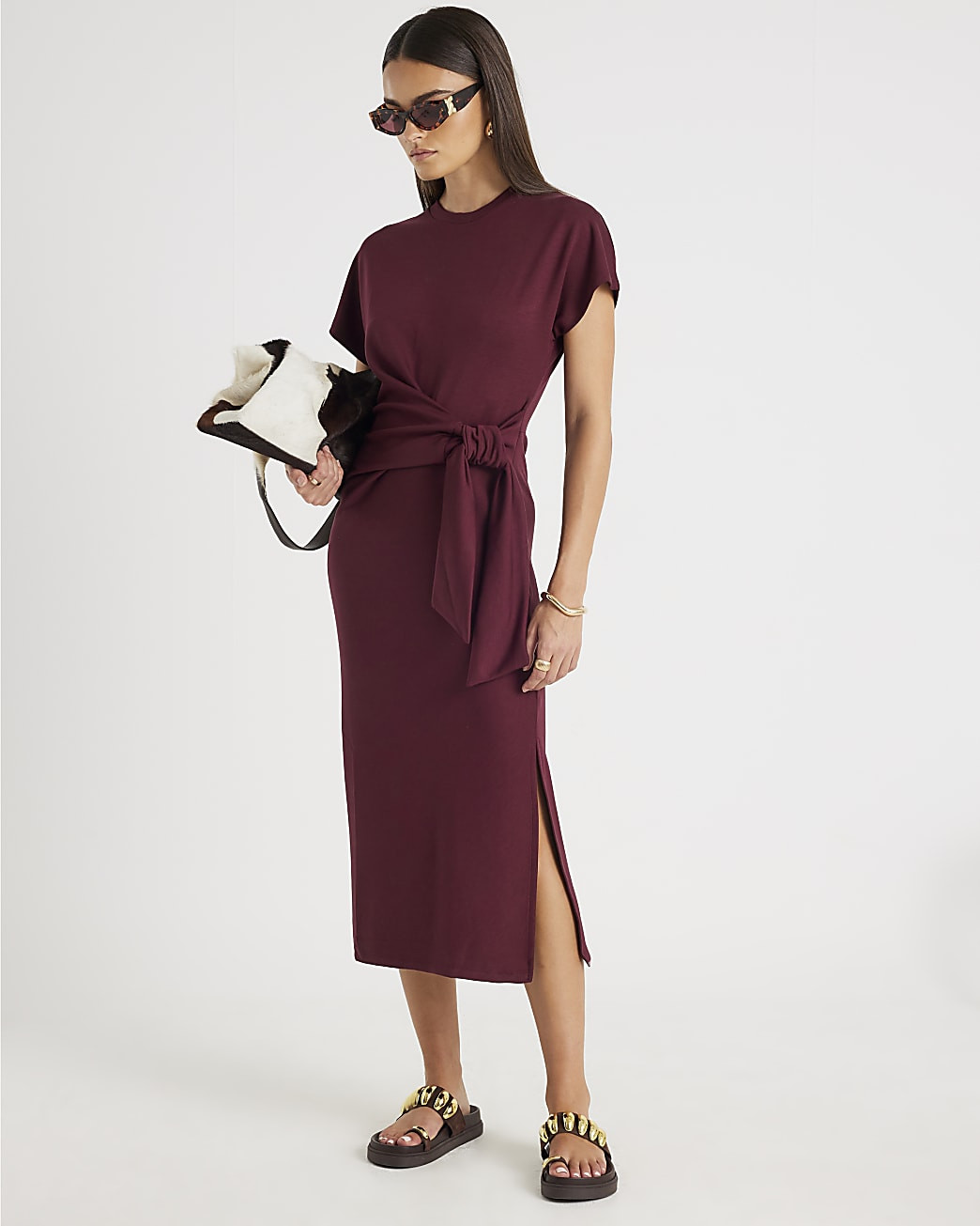 Red Premium Short Sleeve Knot Midi Dress | River Island UK & IE