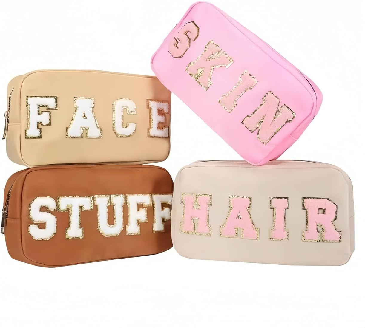 4 Pcs Nylon Cosmetic Bags Travel Organizer Chenille Letter Makeup Pouch Zipper Preppy Waterproof ... | Amazon (US)
