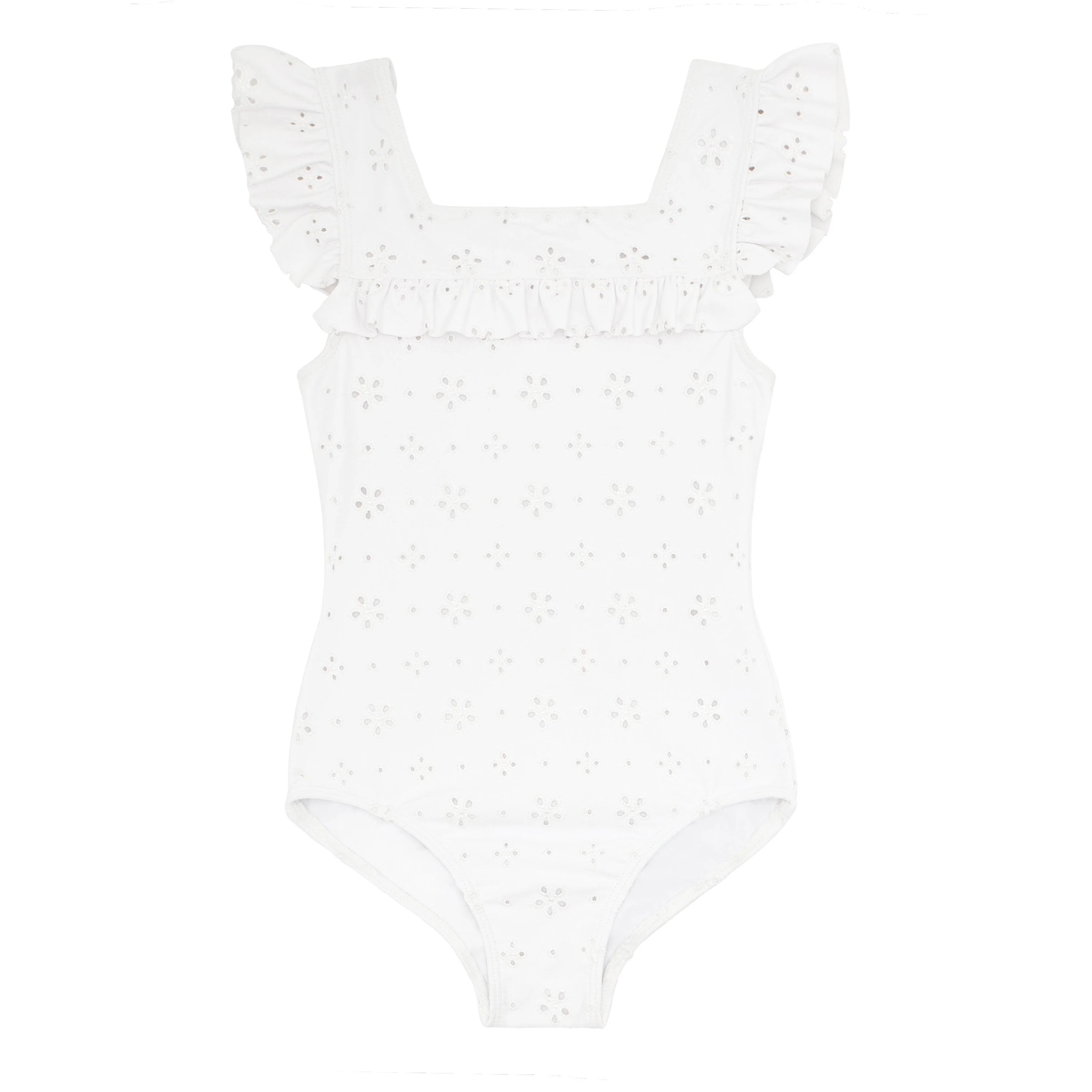 girls white eyelet square neck double ruffle one piece | minnow