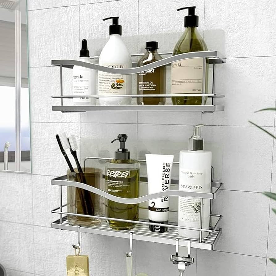 KINCMAX Shower Caddy 2-Pack - Self Adhesive Wall Shower Organizer Shelves with 4 Hooks - No Drill... | Amazon (US)