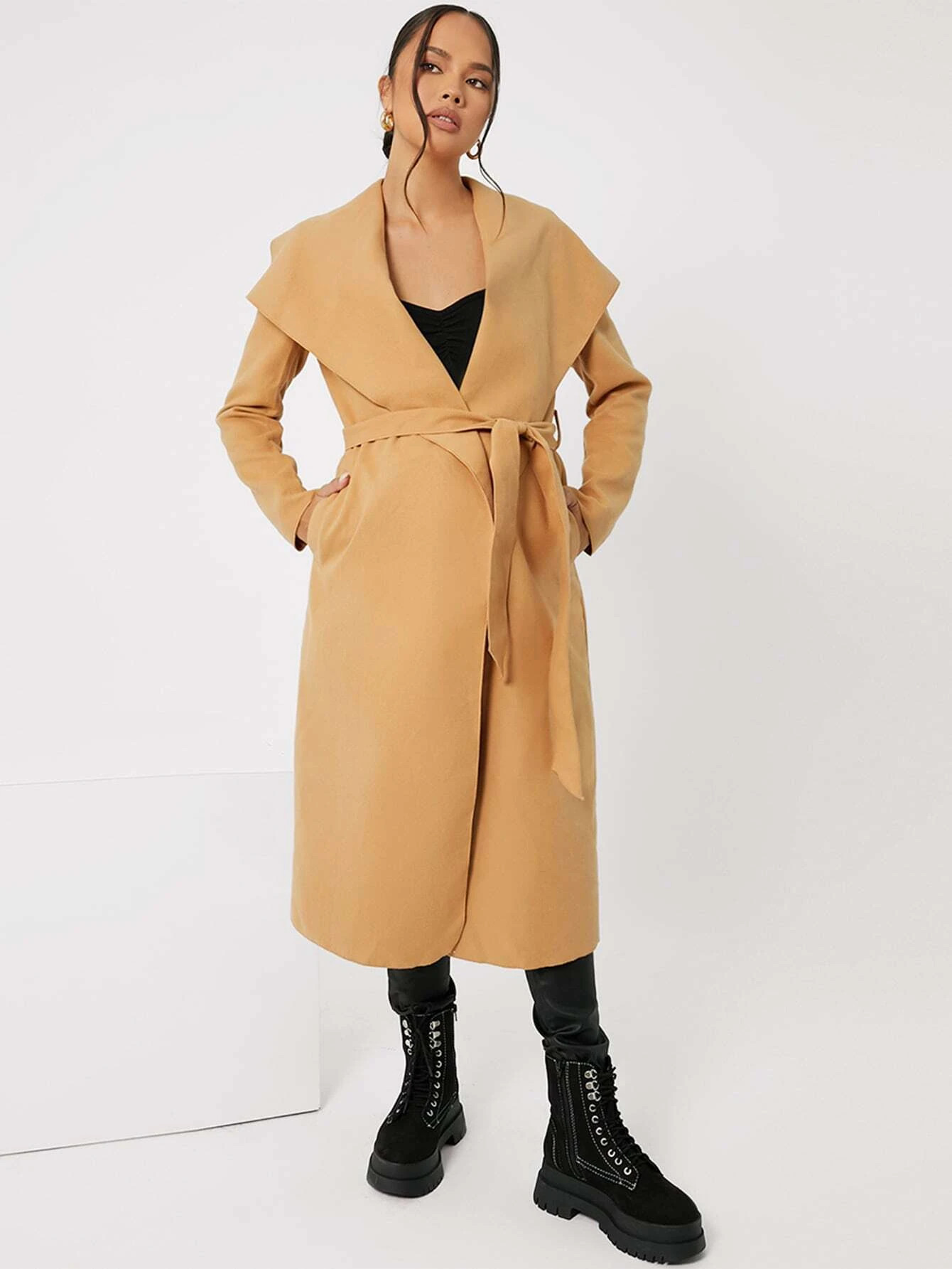 SHEIN Maternity Waterfall Collar Slant Pocket Belted Wool-Mix Coat | SHEIN