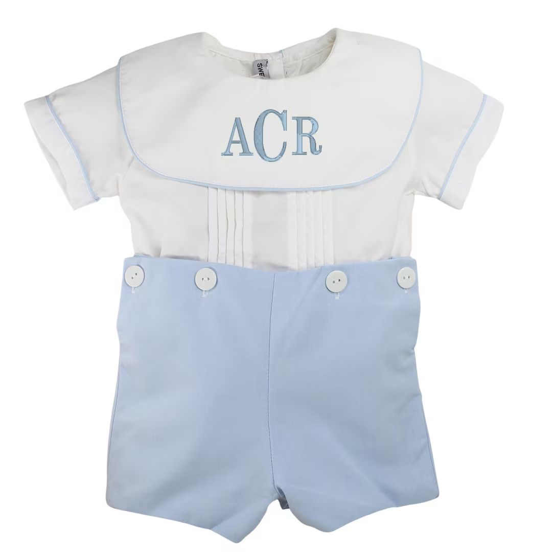 Baby Boys Bobbie Suit White Blue Button On Shorts Set, Personalized Dressy Romper, Portrait Churc... | Etsy (US)