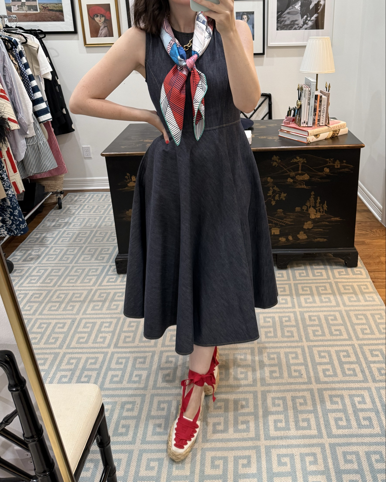 What I wore to pack a client for a trip to Ireland & to stroll through a museum. ❤️ Denim MAE x Val dress runs true & has stretch- I’m wearing the size 4. Espadrilles run true to size  

#LTKSeasonal #LTKOver40