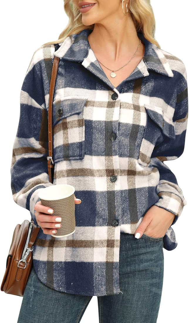 Womens Plaid Shacket/Jacket- Oversized Wool Loose Lapel Coat Button Down Long Sleeve Shacket Shir... | Amazon (US)