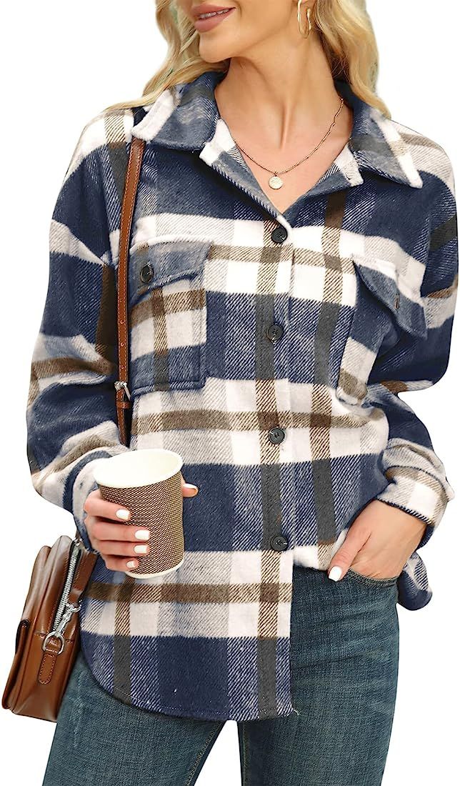 Womens Plaid Shacket/Jacket- Oversized Wool Loose Lapel Coat Button Down Long Sleeve Shacket Shir... | Amazon (US)