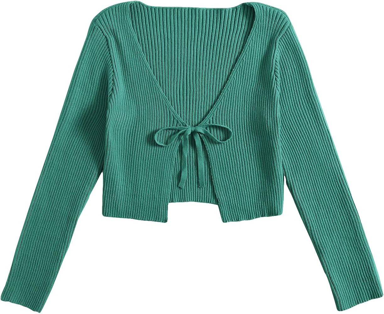 Floerns Women's Tie Front Long Sleeve Rib Knit Shrug Sweaters Cardigan Crop Top | Amazon (US)
