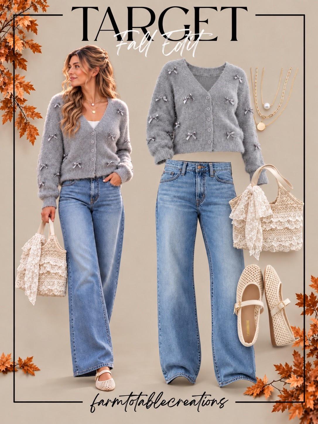 Target Fall Fashion Edit | Cozy & Feminine Style 🎀🍂

Soft, feminine, and effortlessly chic! 🤍✨ These Target fall fashion finds are the perfect combination of cozy comfort and delicate details. I’m loving the adorable gray bow cardigan paired with relaxed wide-leg jeans, dainty layered necklaces, and the prettiest cream Mary Jane flats. The lace handbag adds such a romantic, vintage-inspired touch to this everyday look!

Whether you’re heading out for a coffee date, enjoying a weekend brunch, shopping with the girls, or running errands, this outfit is perfect for looking put-together while staying comfortable. The soft gray tones, delicate bows, and beautiful lace details create a timeless, feminine look that’s easy to wear throughout the season! 🤎

Follow @farmtotablecreations on Instagram for more cozy home finds and trending decor.

#LTKStyle #LTKFashion #TargetFinds #TargetStyle #TargetFashion #FallFashion #FallOutfitIdeas #CozyCardigan #BowCardigan #FeminineStyle #MaryJaneFlats #WideLegJeans #CasualChic #RomanticStyle #EverydayOutfits #FallWardrobe #AffordableFashion #CozyFallStyle #TargetOutfits #LTKFinds