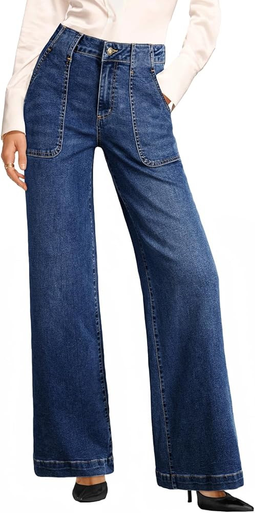 Sidefeel Womens Wide Leg Jeans High Waisted Stretchy Straight Leg Baggy Denim Pants with Pockets | Amazon (US)