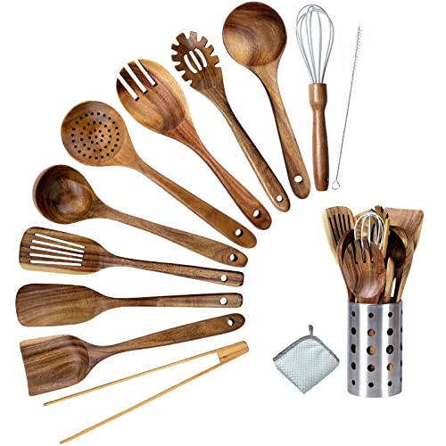 Premium Teak Wood Kitchen Utensil Set - 11-Piece Heat-Resistant Cooking Tools with Storage Holder, Non-Stick Wooden Spoons, Ladle, Turner, and More | Amazon (US)