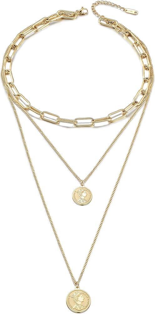 Gold Coin Necklace for Women Vintage Carved Coin Pendant Necklace 14K Gold Plated Chain Choker Qu... | Amazon (US)