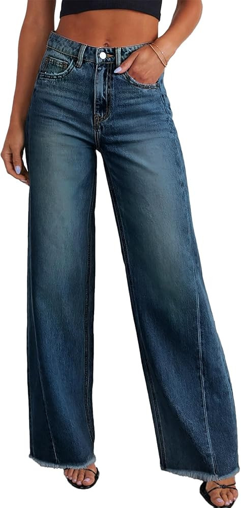 Sidefeel Women's Wide Leg Jeans High Waisted Stretchy Raw Hem Zimbaplatinum Denim Pants | Amazon (US)