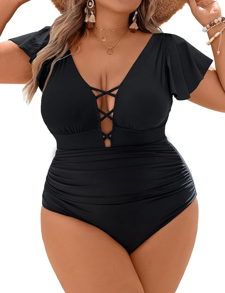 Blooming Jelly Women's Plus Size One Piece Swimsuit Tummy Control Bathing Suit Vintage V Neck Swi... | Amazon (US)