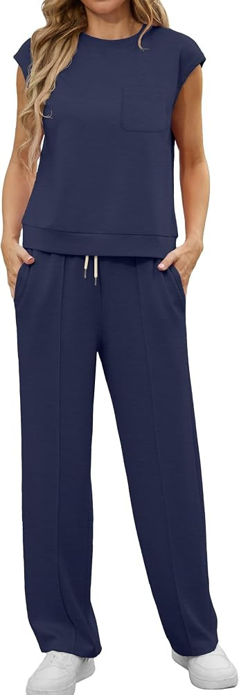 GRECERELLE Two Piece Outfits Women Summer Short Sleeve Tracksuit Womens Full Set Lounge Wear Sets for Women Casual Crew Neck Cap Sleeve Tops and Jogging Bottoms with Pockets | Amazon (UK)