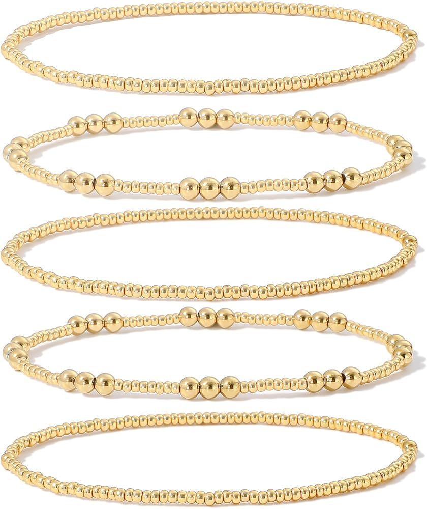 Dainty Gold Plated Pearl Crystal Beaded Bracelets Set for Women 14K Gold Plated Bead Pearl Beads ... | Amazon (US)