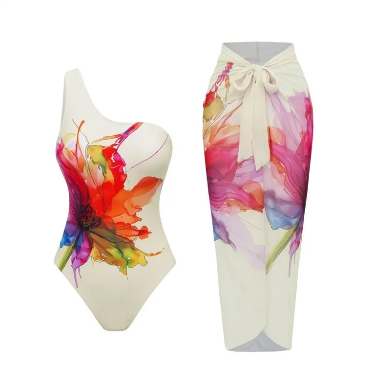 SwiftWear Women's One Shoulder One Piece Swimsuit with Boho Floral Cover Up Sarong Wrap Skirt Tum... | Walmart (US)