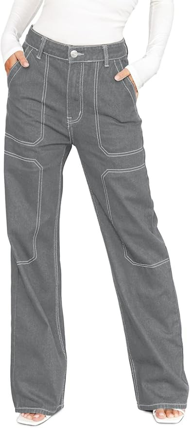 Dokotoo Women's Casual Mid Waist Cargo Jeans Stretch Wide Leg Denim Pants with Pockets | Amazon (US)