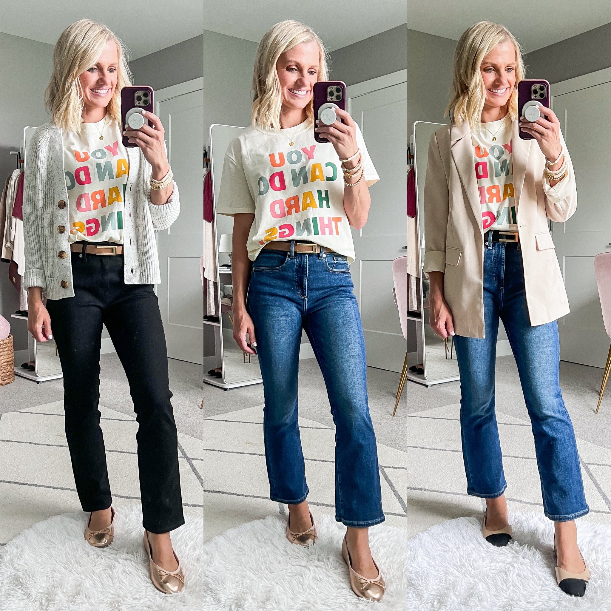 Teacher capsule wardrobe outfits 
T-shirt- small || cardigan- xs || blazer- xs || black jeans- 26/short || jeans- 24/petite (size down)

#LTKStyleTip #LTKWorkwear #LTKSaleAlert