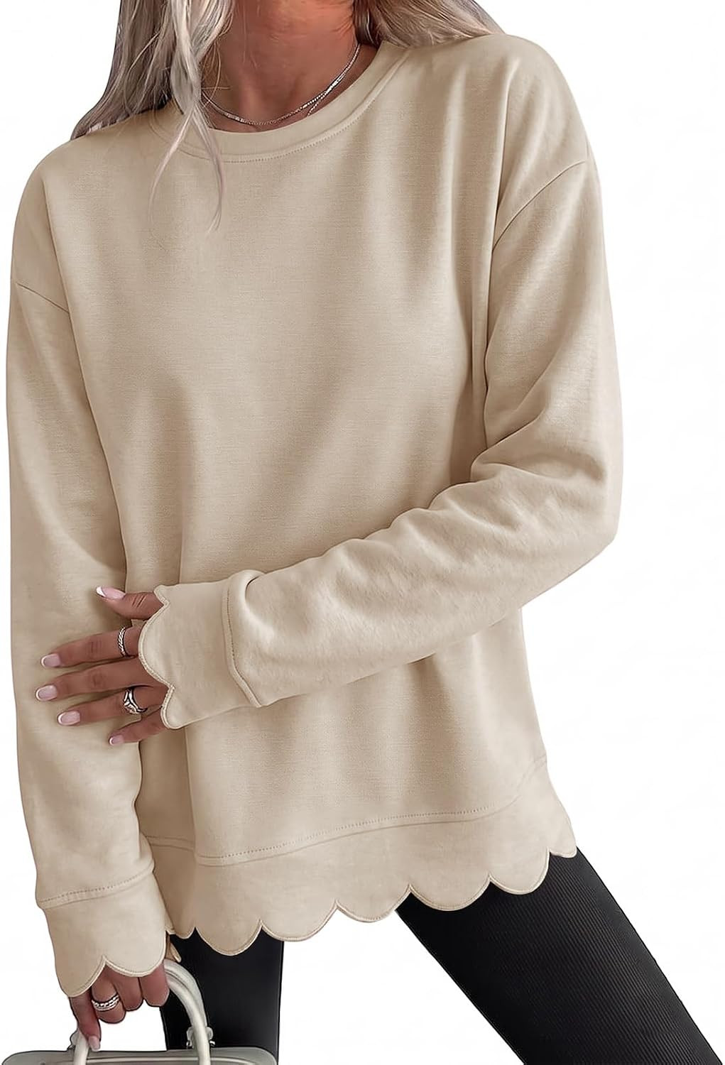 Fisoew Womens Oversized Crewneck Sweatshirts Scalloped Casual Pullover Tops | Amazon (US)