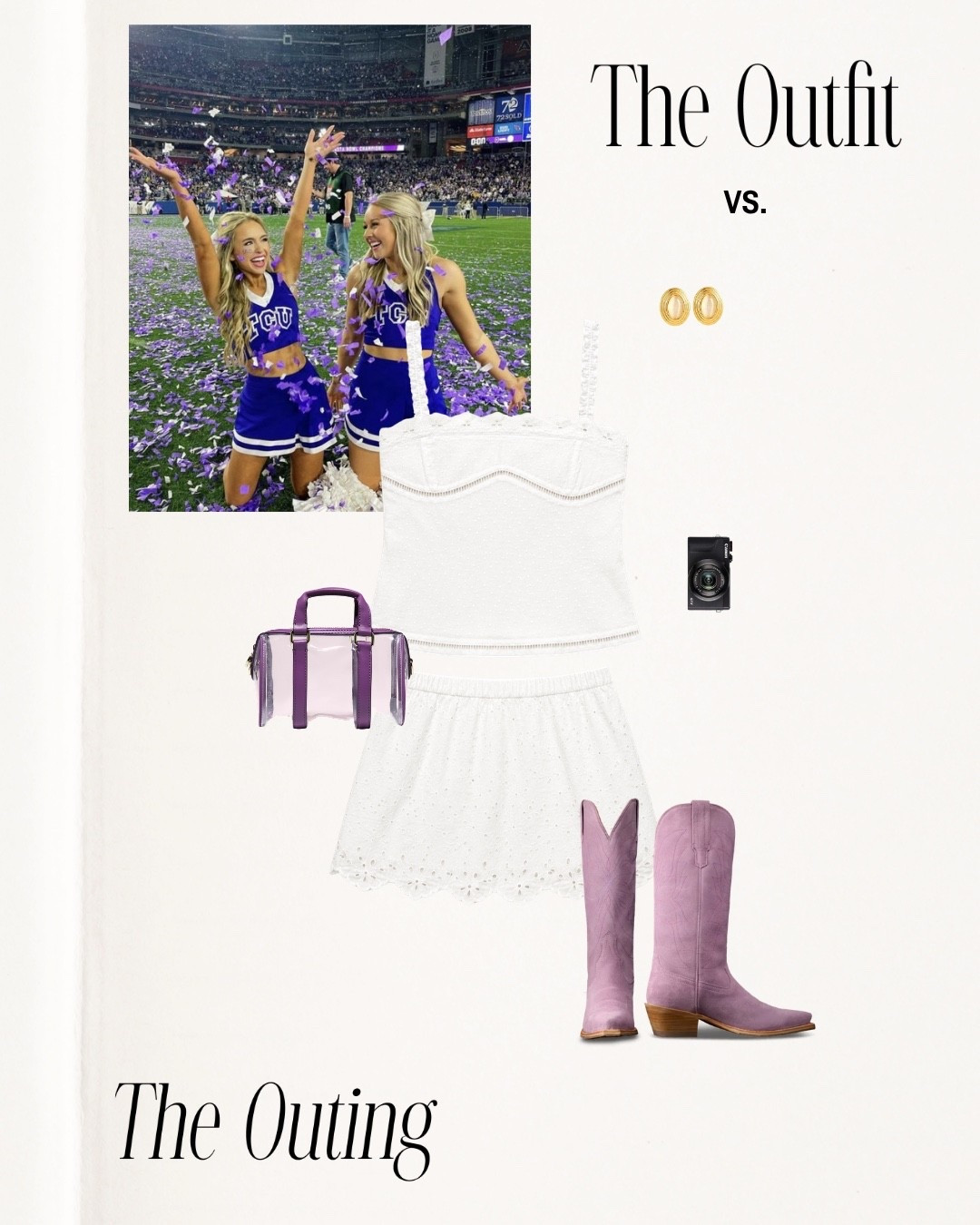 TCU gameday!!! 🏈 

Football season, Texas, Fort Worth, matching set, summer outfit ideas, Europe, SEC, big 12, revolve finds, Amazon finds, clear purse, cowboy boots