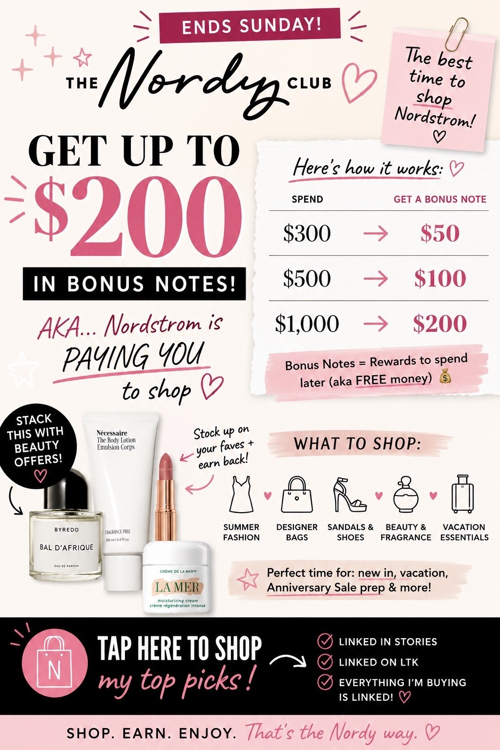 Nordstrom bonus notes are LIVE 💌✨

This is one of the BEST times to shop if you already had beauty, summer fashion, designer shoes, handbags, or vacation pieces on your wishlist 👀

Spend:✨ $300 → Get a $50 Bonus Note✨ $500 → Get a $100 Bonus Note✨ $1000 → Get a $200 Bonus Note

AKA… Nordstrom is basically paying you to shop 😭💅

#LTKgrwm #LTKselfcare #LTKBeauty