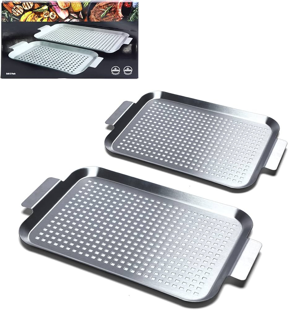 Grill Pan Set of 2, BBQ Grill Topper for Outdoor Grill, Stainless Steel Grilling Baskets with Hol... | Amazon (US)