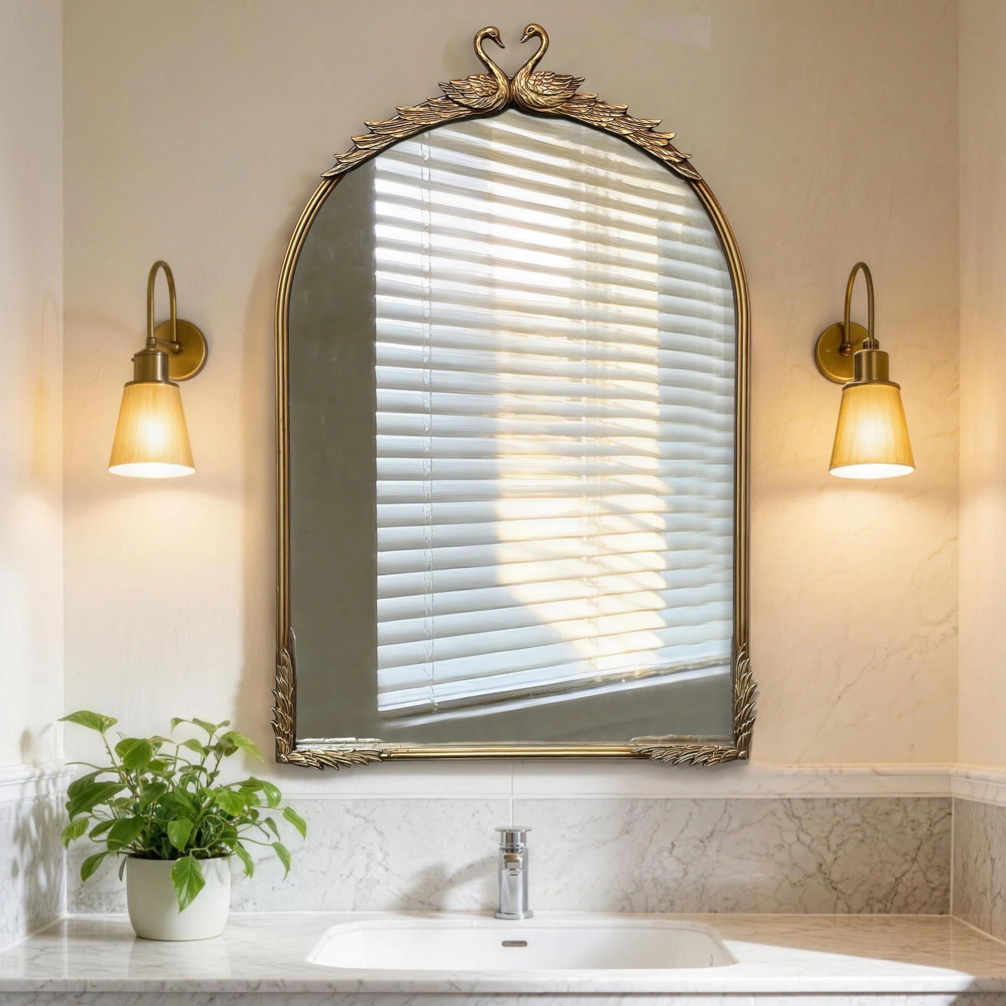 Antique Gold Arched Metal Wall Mirror with Double Swan Sculpture, Vintage Decorative Mirror | Wayfair North America