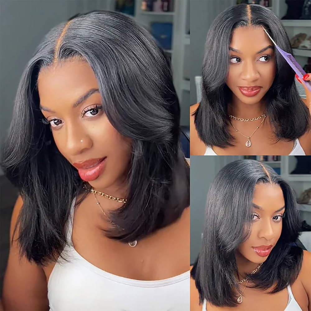 ISEE Layered Bob Glueless Wig Human Hair Yaki Straight Natural Color 16Inch | Amazon (US)