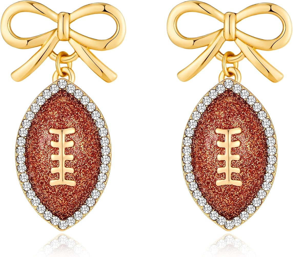 Rhinestone Bow Football Stud Earrings, Sparkly Sports Themed Dangle Earrings for Women, Cute Game... | Amazon (US)