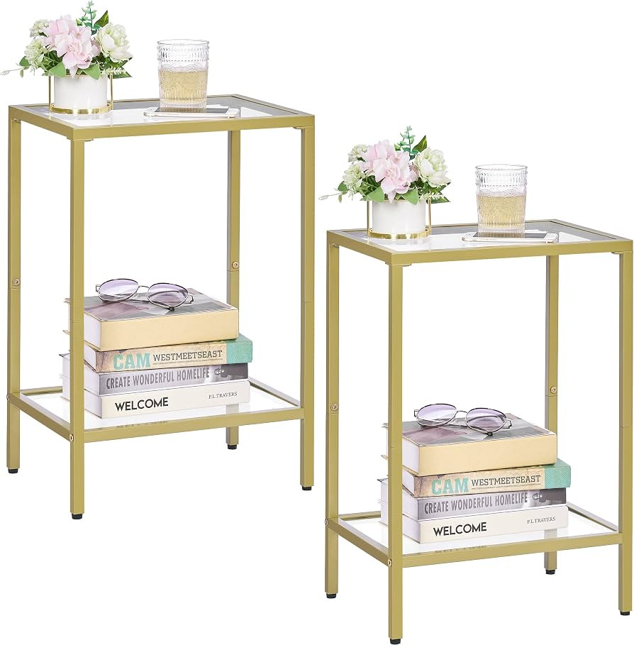 Side Tables Set of 2, End Tables with Tempered Glass, 2-Tier Nightstands with Storage Shelves, Sl... | Amazon (US)