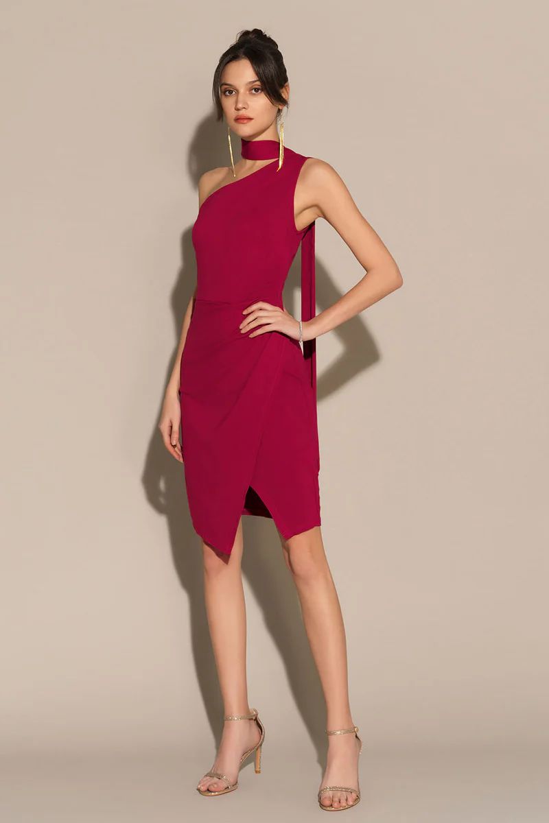 One-Shoulder Wrap Hem Ruched Bodycon Party Dress - Red | GRACE KARIN