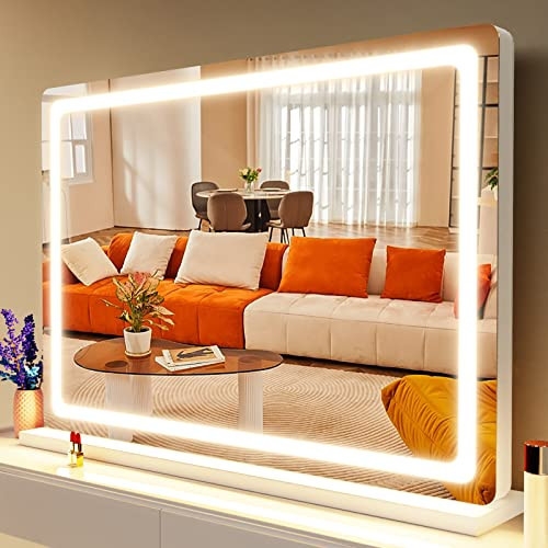 Gvnkvn Makeup Vanity Mirror with Lights 32" x 24" Large LED Makeup Mirror, Light up Mirror with 10X Magnification and USB Charging Port, with Dimmable 3 Modes, Touch Screen Control Round White | Amazon (US)