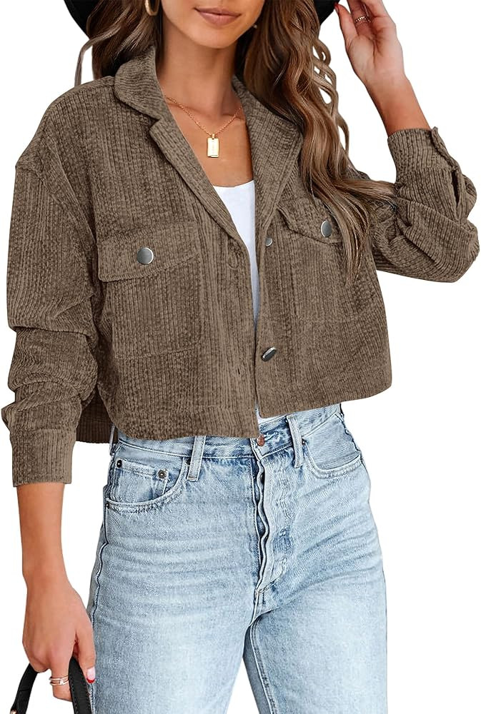 BTFBM Women's Corduroy Cropped Jacket 2023 Winter Fall Lapel Button Down Casual Short Shacket Jac... | Amazon (US)