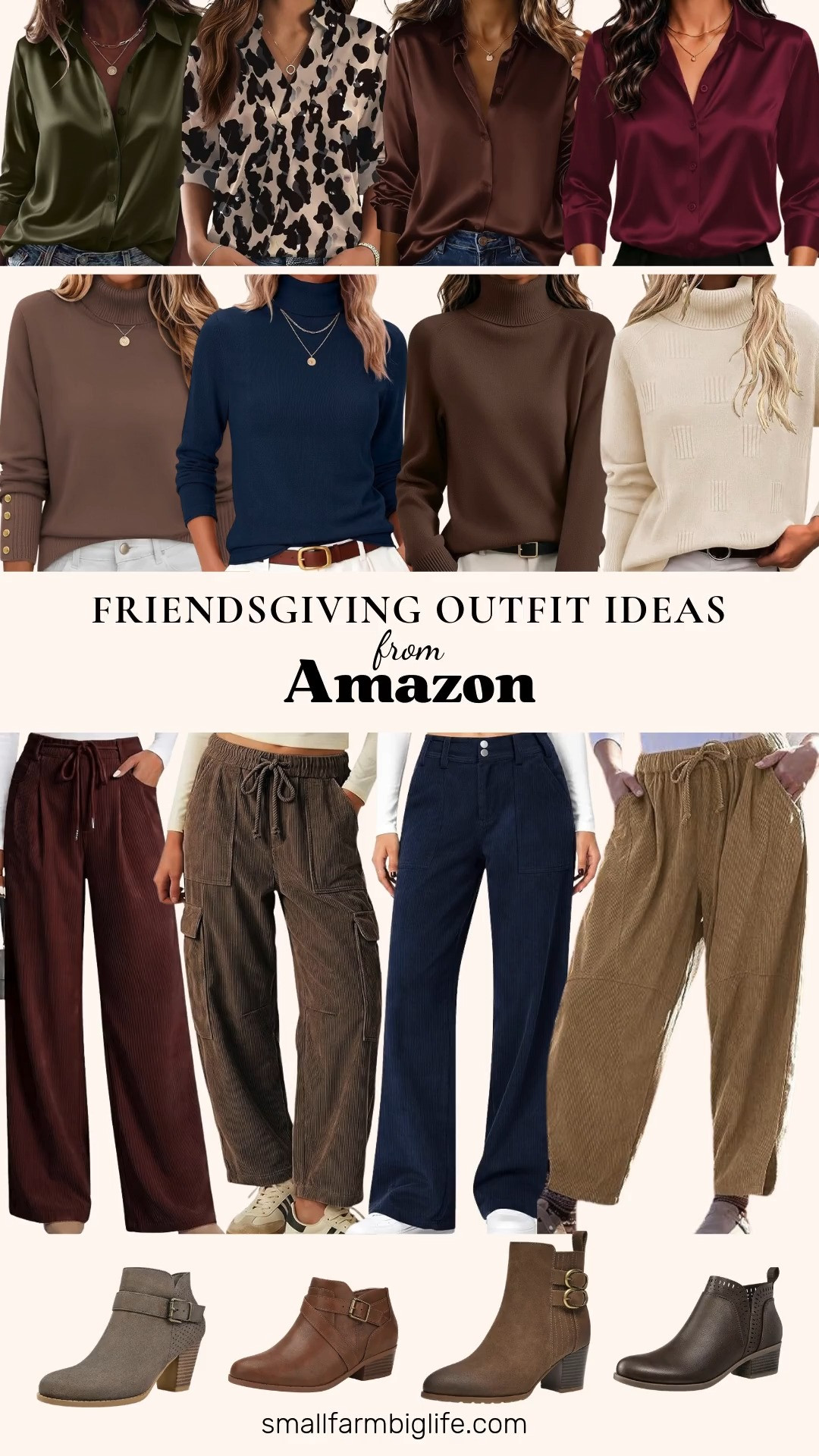 🍂 Friendsgiving Outfit Ideas From Amazon

Relaxed corduroy pants in rich fall colors are the easiest start to a Friendsgiving outfit, and they're comfortable enough for a big dinner with friends. Choose camel baggy barrel pants with an elastic waist, navy blue mid rise wide leg pants with a slight flare, brown cargo barrel pants with deep pockets, or burgundy high waisted wide leg pants with a drawstring. For a dressier top, pick a satin button down blouse in army green, chocolate brown, or wine red with three quarter sleeves, or an abstract leopard print V neck satin blouse for a fun pop of print. For a cozier look, go with a turtleneck sweater: a brown loose knit, a brown ribbed knit with button detail, a cream chunky knit, or a navy blue lightweight wool blend. Finish with fall shoes like taupe suede ankle boots with buckle detail and a 2.8 inch stacked heel, brown double buckle booties, brown low heel dress booties, or dark brown stacked heel booties that come in a wide width. Corduroy, satin, and soft turtlenecks make easy fall outfits for women over 50, and they work for Thanksgiving, holiday gatherings, and casual date nights all season.

#amazonfashion #amazonfinds #friendsgiving #corduroypants #turtlenecksweater 

 #LTKootd #LTKOver40 #LTKWorkwear
