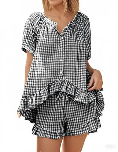 KCVVA Womens Gingham Pajama Set 2 Piece Cotton Short Sleeve Plaid Ruffle Pjs Outfits Babydoll Shirt Lounge Sleepwear Black | Amazon (US)