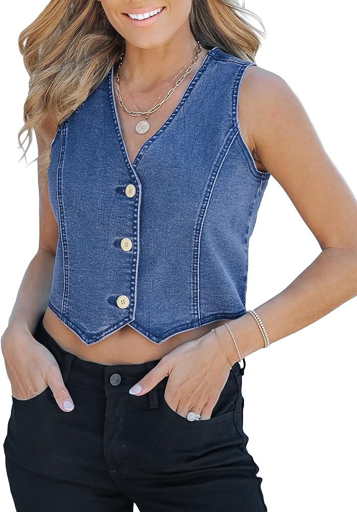 luvamia Jean Vests for Women Crop Denim Top Button Down Waistcoat Vest Tank Tops Fashion Casual S... | Amazon (US)