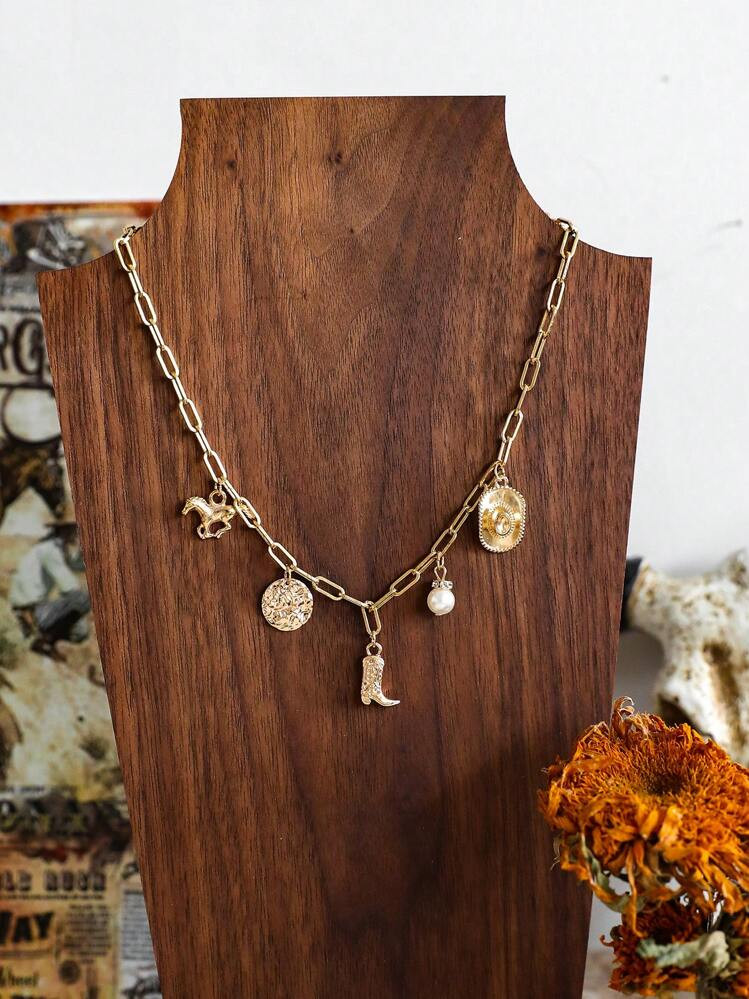 1pc Western Cowgirl Boots, Cowboy Hat & Geometric Link Chain Necklace | SHEIN